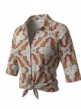 Kim & Cami LA Boho Abstract Print Blouse Size Large Ruched Front Retro Top
